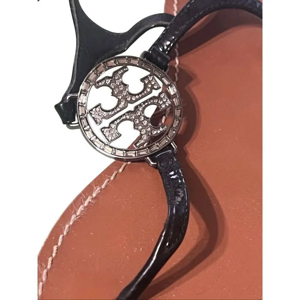 Tory Burch Violet Sandal Shoe sz 9.5 T-Strap Black Leather Rhinestone